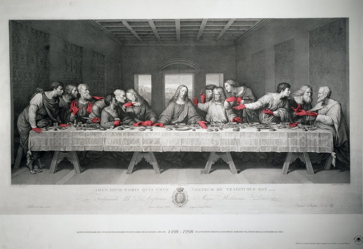 Gravure gemaakt ter gelegenheid van het 5e eeuwfeest van het Laatste Avondmaal door Leonardo da Vinci in Santa Maria delle Grazie, Milaan door Raffaello Sanzio Morghen