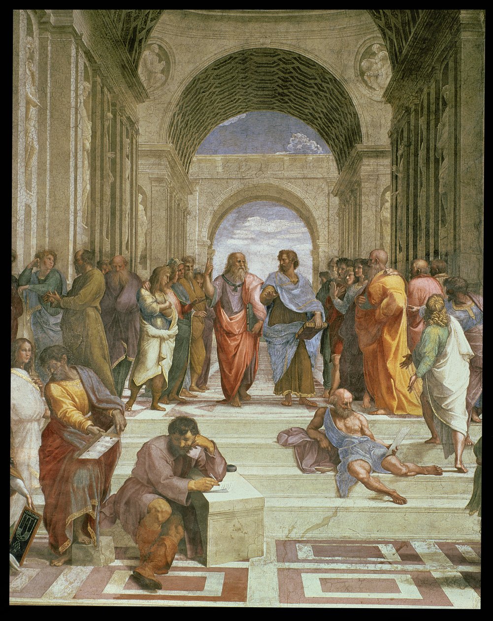 De School van Athene, detail van het centrum met verschillende figuren waaronder Plato, Aristoteles, Michelangelo als Heraclitus en Diogenes (detail) door Raffaello Sanzio Raphael