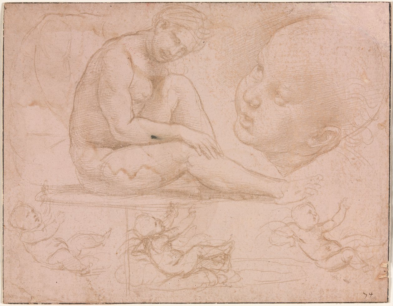 Studies van een zittende vrouw, kinderhoofd en drie studies van een baby, c. 1507-8 door Raffaello Sanzio Raphael