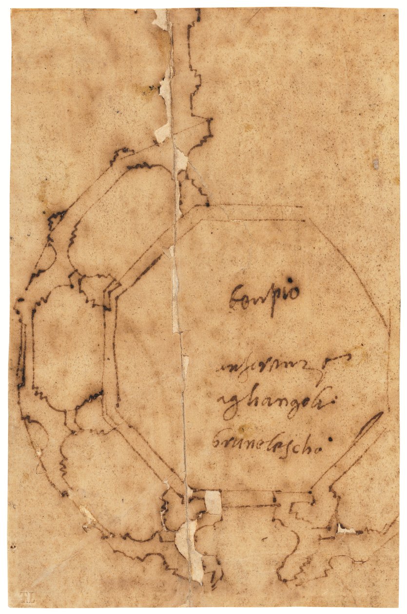 Plattegrond van Santa Maria degli Angeli, Florence (pen en bruine inkt, op geolied calqueerpapier) door Raffaello da Montelupo