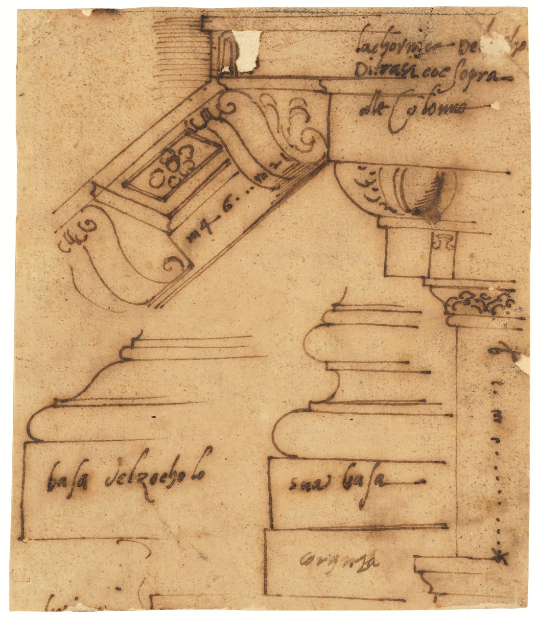 Schetsen van verschillende elementen van de Boog van Constantijn, Rome (pen en bruine inkt, op geolied calqueerpapier) door Raffaello da Montelupo