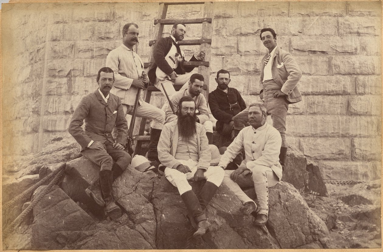 Leidinggevend personeel van Messrs. Glover & Co. bij de Sindh-brug (recto, bovenaan) door Raja Deen Dayal