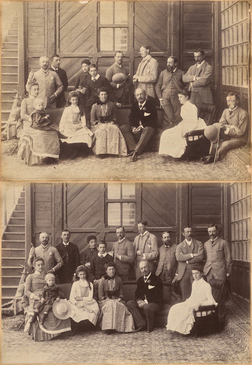 Shimla, 17 mei 1887: onderkoninklijk gezelschap. Lord William Beresford, militair secretaris, kapitein Leonard Gordon A.D.C., Mademoiselle Clerc, de geachte Basit Blackwood, majoor F.R. Hamilton A.D.C., de heer Oglivie Grant, Sir Donald Mackenzie Wallace door Raja Deen Dayal