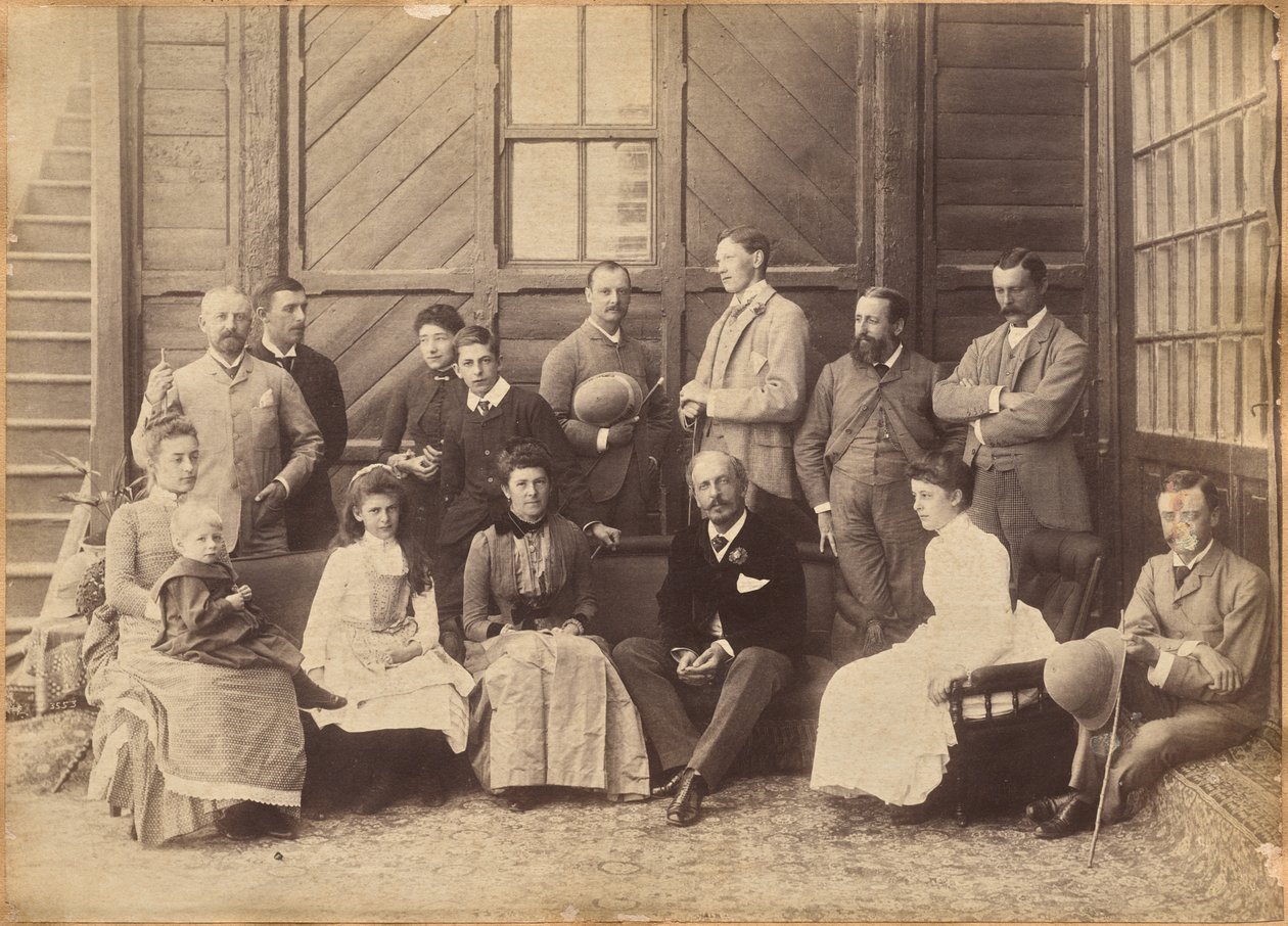 Shimla, 17 mei 1887: onderkoninklijk gezelschap. Lord William Beresford, militair secretaris, kapitein Leonard Gordon A.D.C., Mademoiselle Clerc, de geachte Basit Blackwood, majoor F. R. Hamilton A.D.C., de heer Oglivie Grant, sir Donald Mackenzie Wallace door Raja Deen Dayal