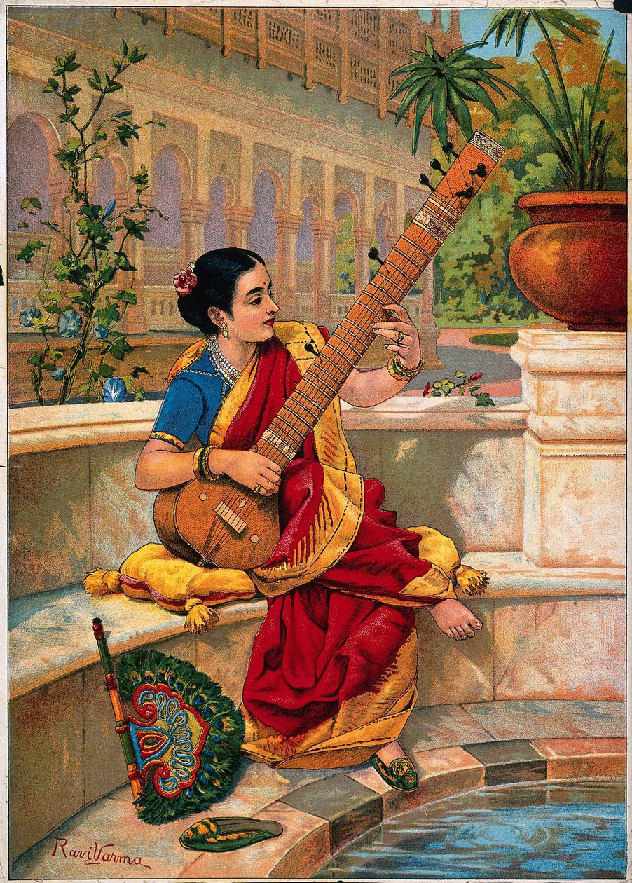 Een zittende Indiase vrouw speelt sitar naast een tuinvijver. door Raja Ravi Varma