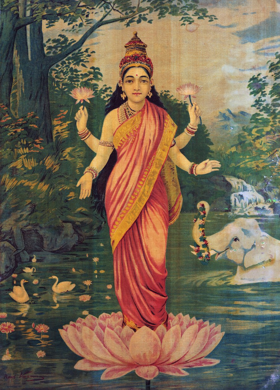 Lakshmi, door Raja Ravi Varma en Ravi Varma Press, jaren 1930, bewerken door Raja Ravi Varma