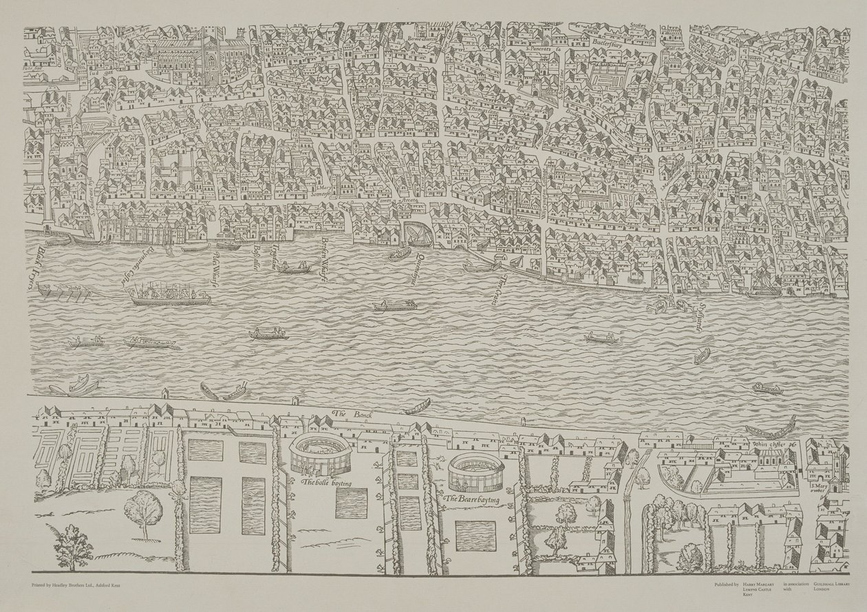 Kaart van Londen, met de berenkuil in Southwark, ca. 1561 door Ralph Agas