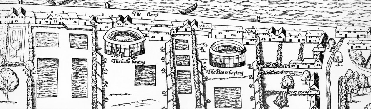 De locatie van Shakespeares theater (detail van Civitas Londinum, kaart van Londen) door Ralph Agas