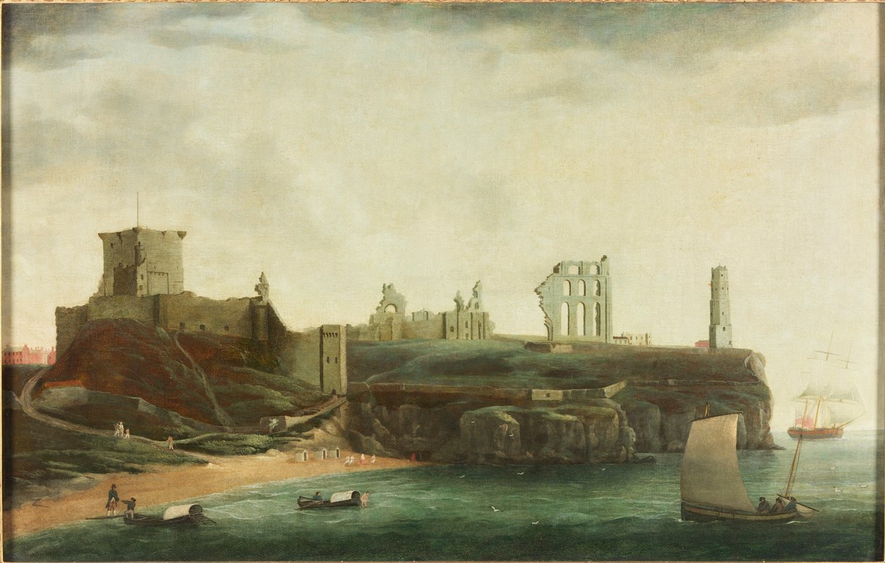 Figuren en badmachines in de baai onder Tynemouth Castle door Ralph I Waters