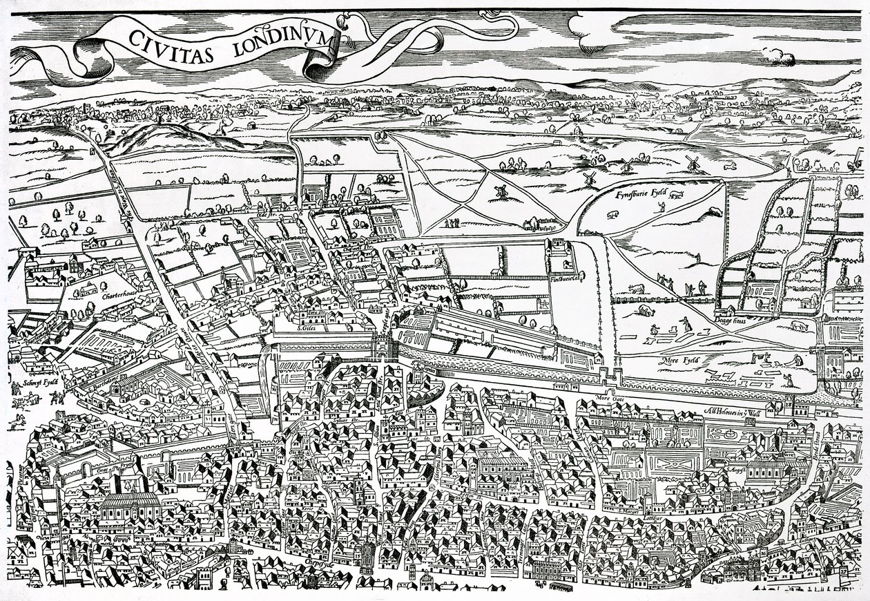 Detail van Londen ten noorden van de stad uit Civitas Londinium door Ralph Agas