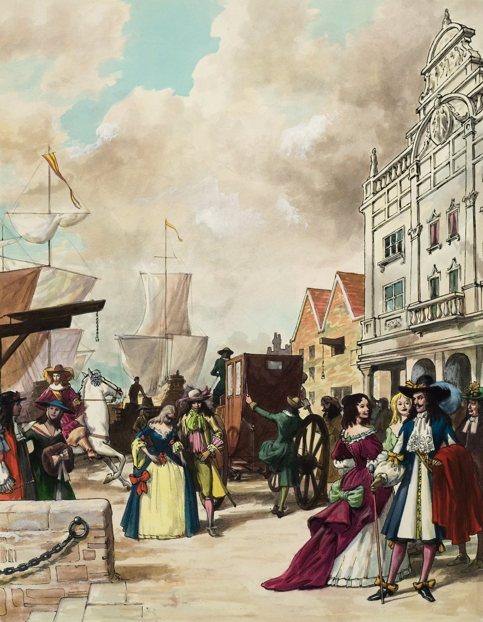 Koning Karel II (1630-85) herstelt het theater (gouache op papier) door Ralph Bruce