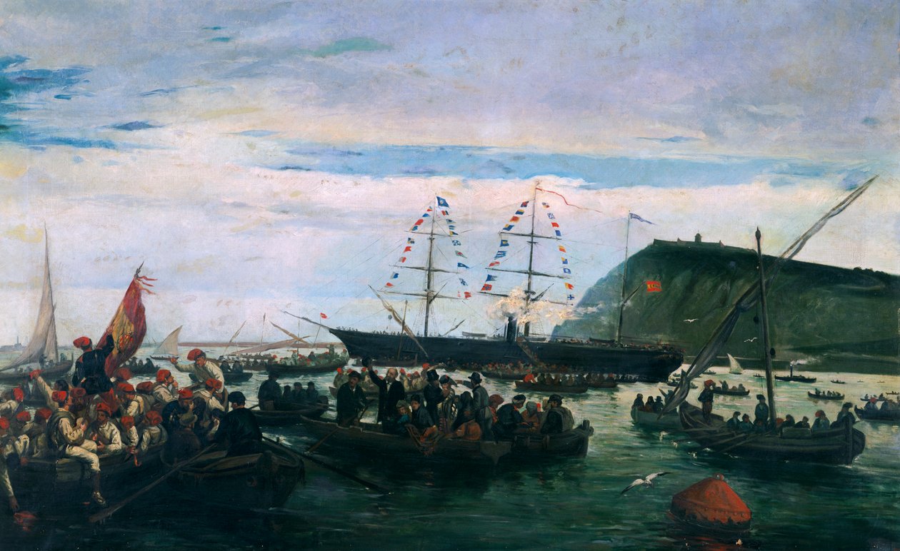 Catalaanse vrijwilligers vertrekken naar de oorlog in Cuba in 1870 door Ramón Padró y Pedret