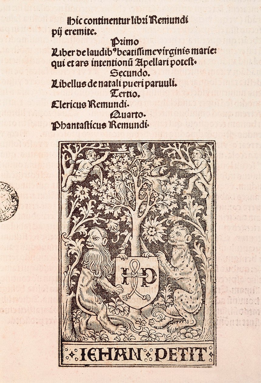 Pagina van het codex "De Laudibus Beatissimae Virginis Mariae" door Ramon Llull (1235-1315), met twee leeuwen die het wapen van de drukker Jehan Petit vasthouden door Ramon Llull