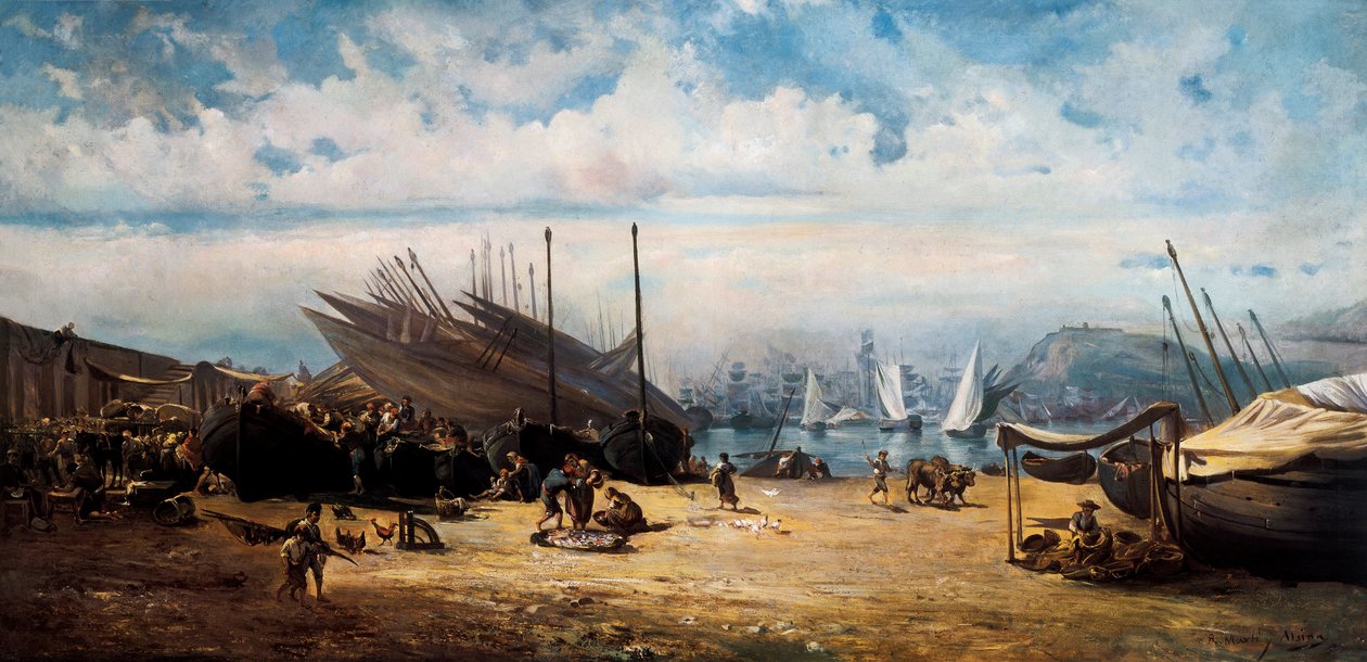 Barceloneta (centraal district van Barcelona). Schilderij door Ramon MARTI i ALSINA (1826-1894) door Ramón Martí Alsina