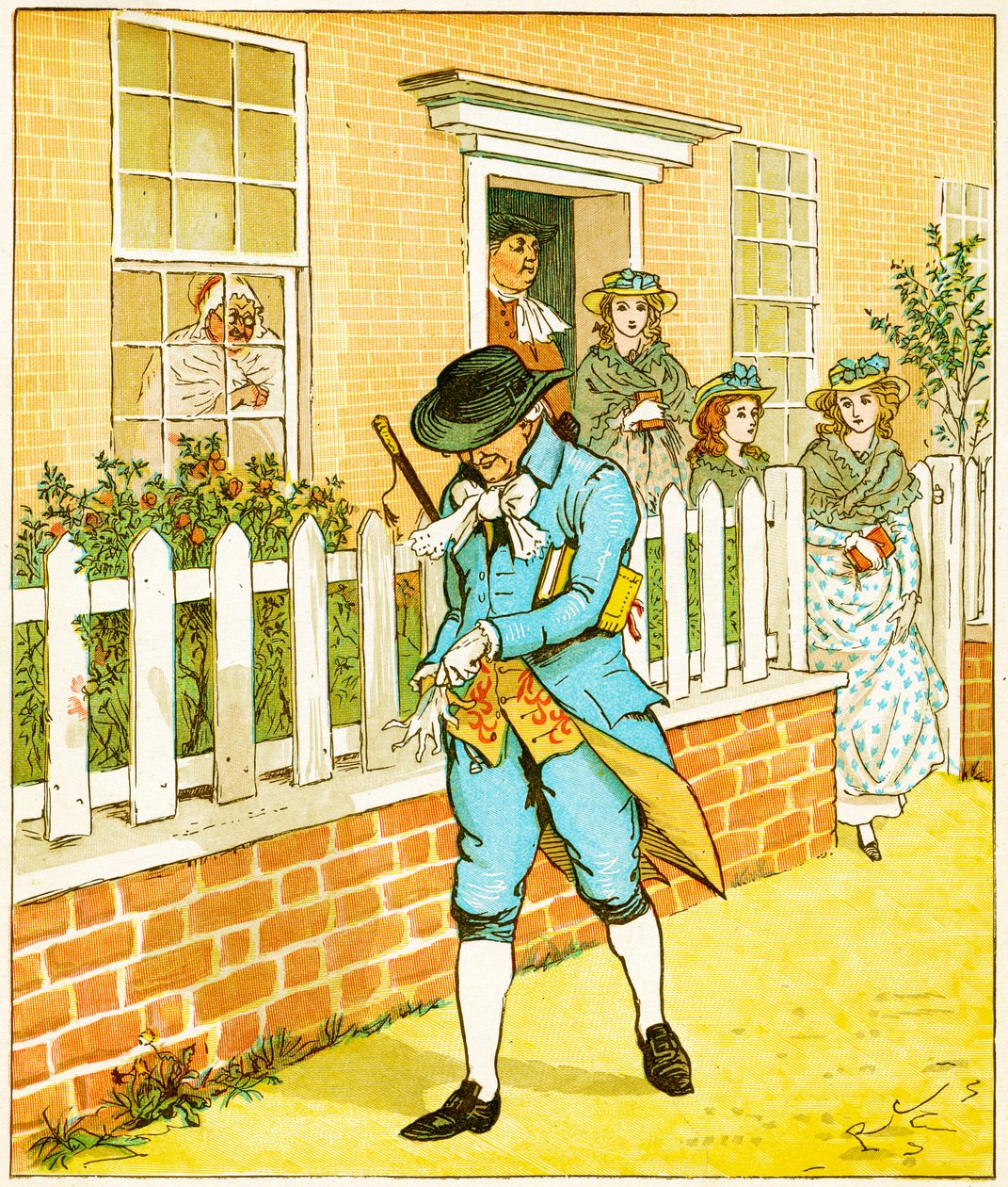 In Islington woonde een man van wie de wereld zou kunnen zeggen dat hij nog steeds een godvruchtig leven leidde, illustratie voor Elegie over een gekke hond door Oliver Goldsmith, 1879 door Randolph Caldecott