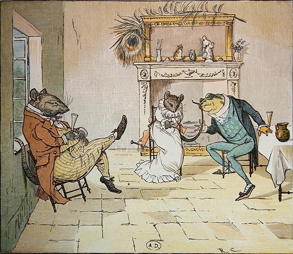 Bid, meneer Kikker, wilt u ons een liedje geven?, illustratie uit A Frog Who Would a Wooing Go, c.1900 door Randolph Caldecott
