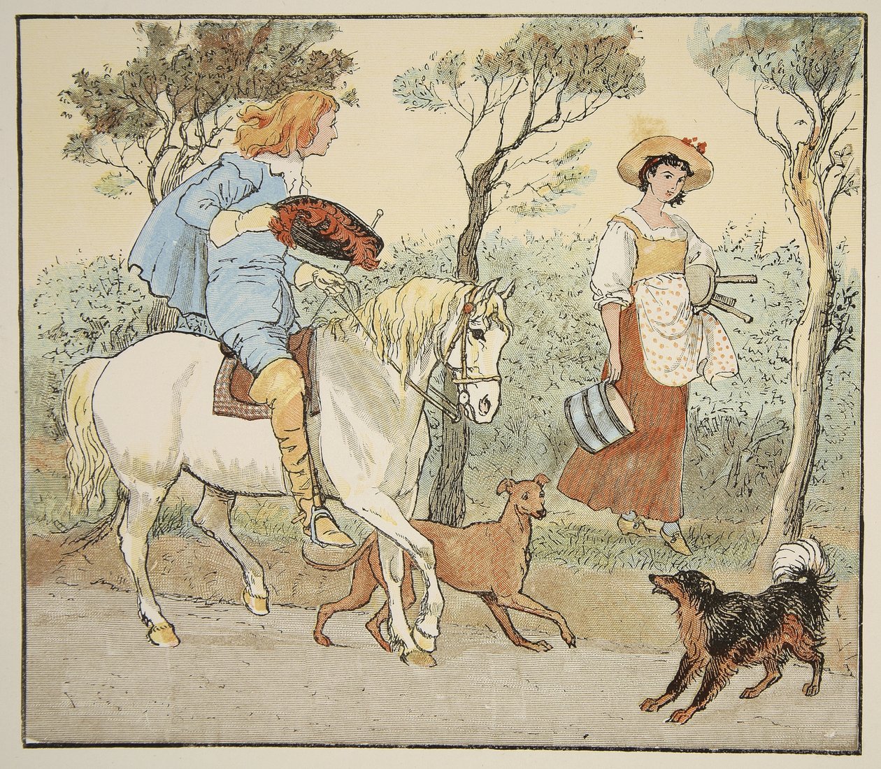 Waar ga je heen, mijn mooie meid, illustratie uit De melkmeid, uitgegeven door Frederick Warne en Co. door Randolph Caldecott