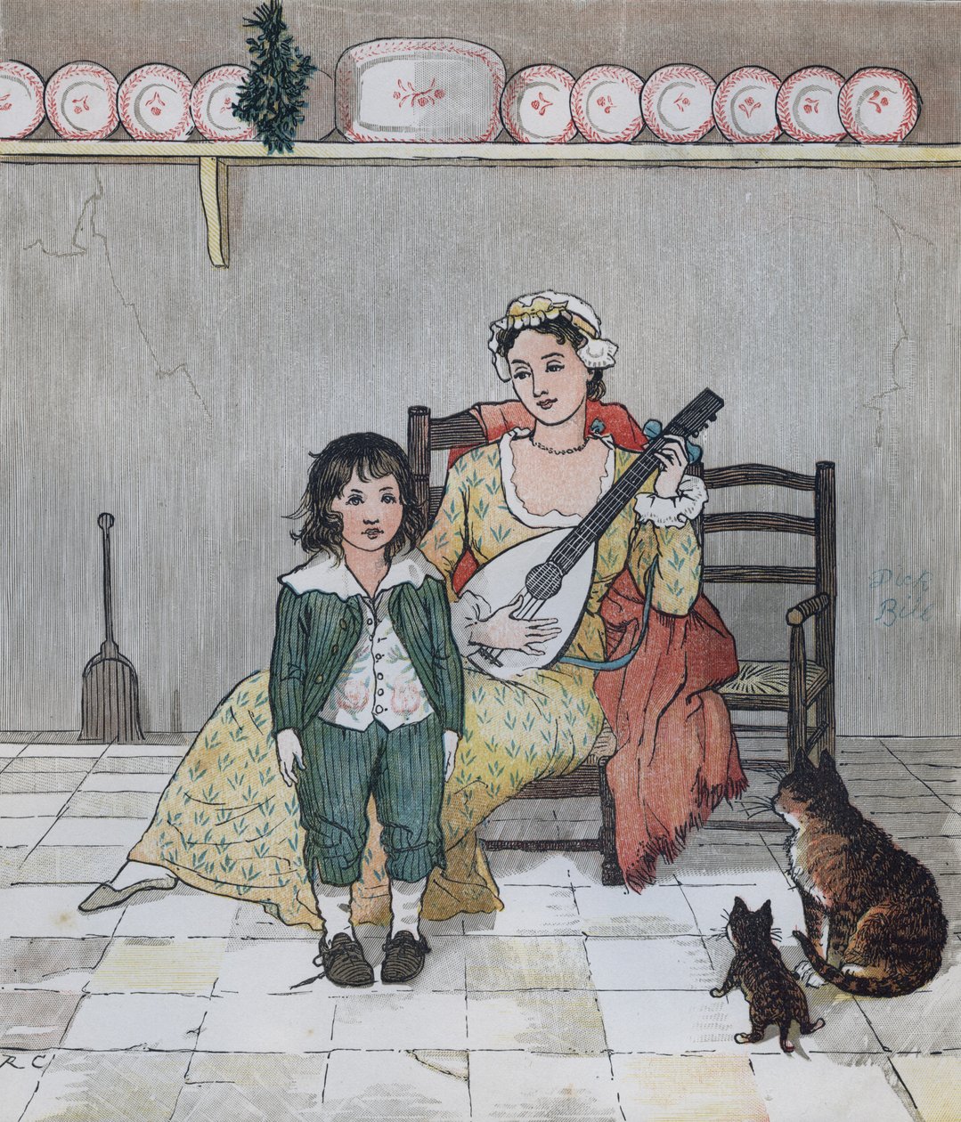 Een elegie over de dood van een dolle hond door Oliver Goldsmith. Meester Bill Primrose bereidt zich voor om het verhaal te zingen. Illustratie door Randolph Caldecott door Randolph Caldecott