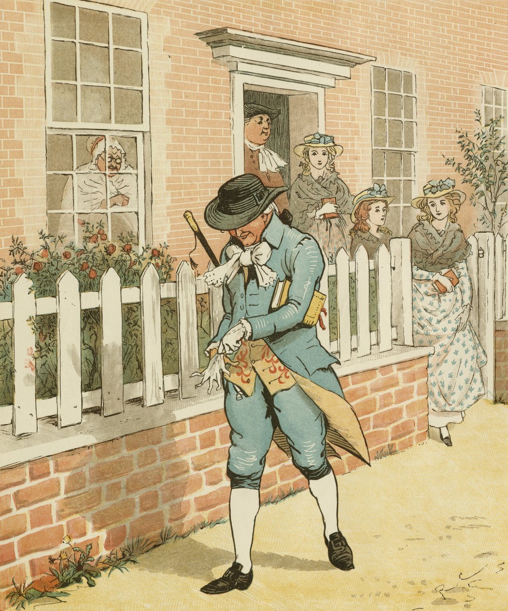 Een elegie over de dood van een dolle hond door Oliver Goldsmith. De goede man van Islington op weg naar de kerk. Illustratie door Randolph Caldecott door Randolph Caldecott