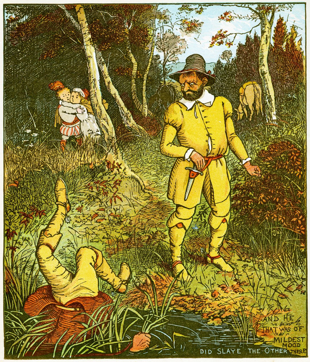 En hij die het mildst van aard was, doodde de ander daar (illustratie uit Babes in the Wood) door Randolph Caldecott