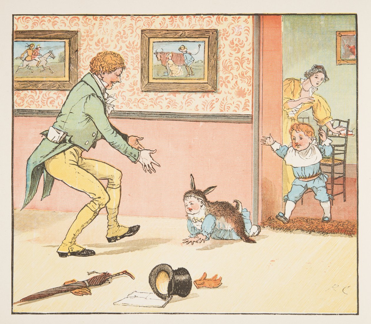 Baby Bunting gewikkeld in het konijnenvel, uit The Hey Diddle Diddle Picture Book, pub.1882 door Randolph Caldecott