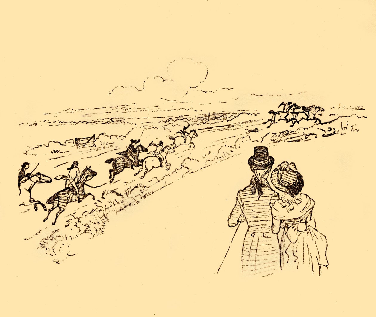 Toeschouwers kijken toe terwijl John Gilpin door het platteland wordt achtervolgd, 1878 door Randolph Caldecott