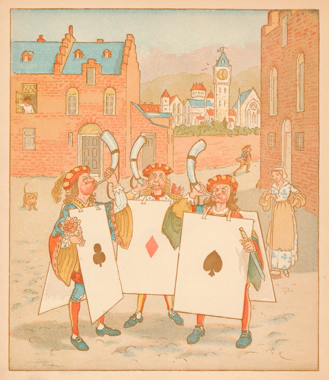 Hoornblazers met speelkaarten door Randolph Caldecott
