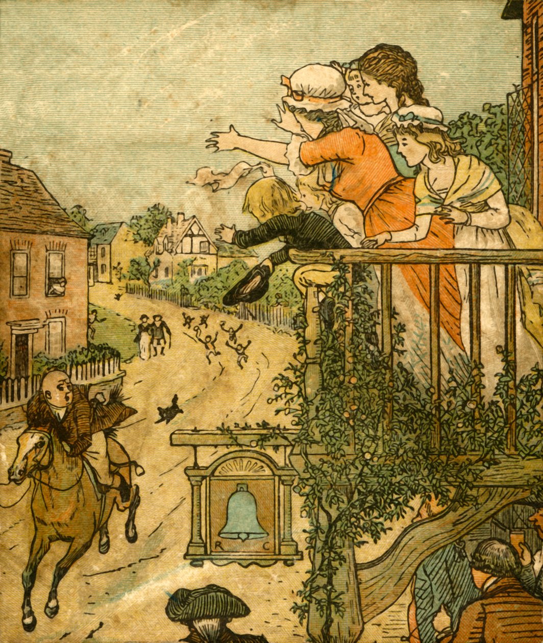John Gilpin galoppeert langs de Bell Inn terwijl zijn vrouw en kinderen zwaaien vanaf het balkon, 1878, ca. 1918 door Randolph Caldecott
