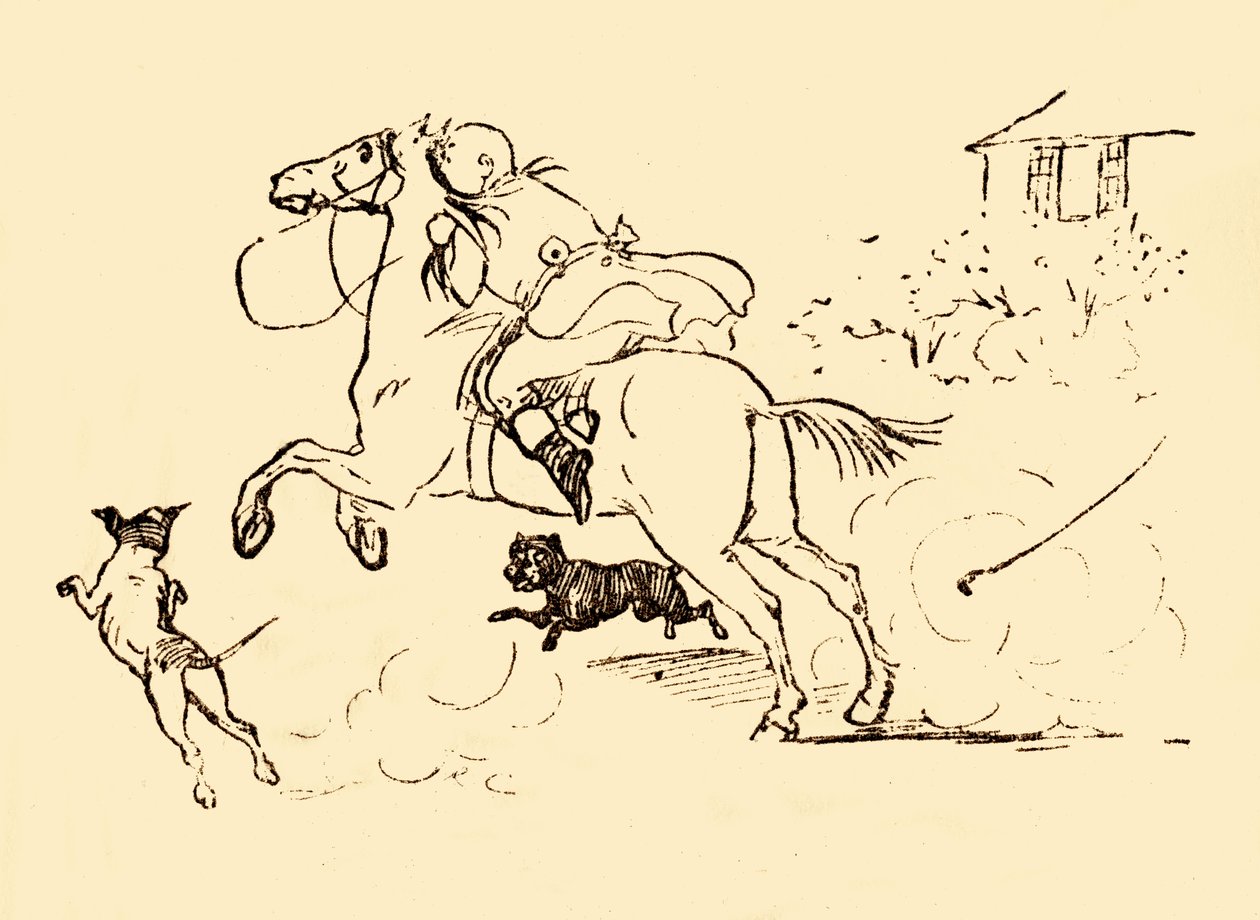 John Gilpin wordt achtervolgd door honden terwijl zijn paard op hol slaat, 1878, ca. 1918 door Randolph Caldecott