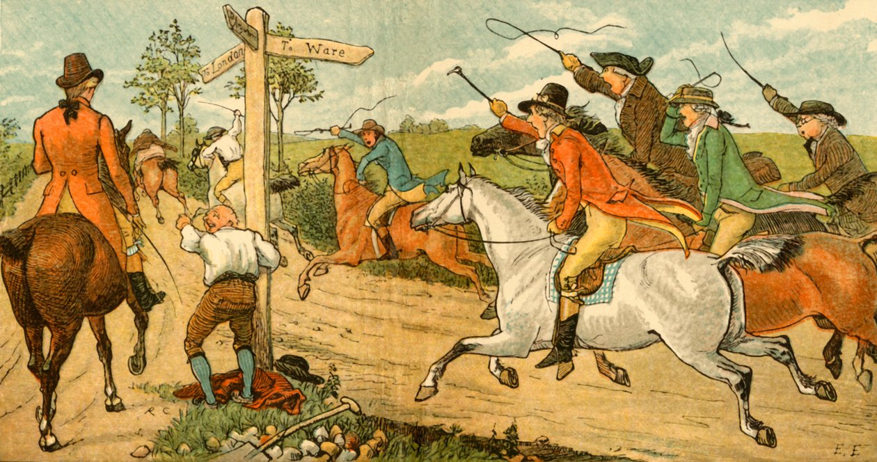 John Gilpin op zijn op hol geslagen paard achtervolgd door voorbijgangers, 1878, ca. 1918 door Randolph Caldecott