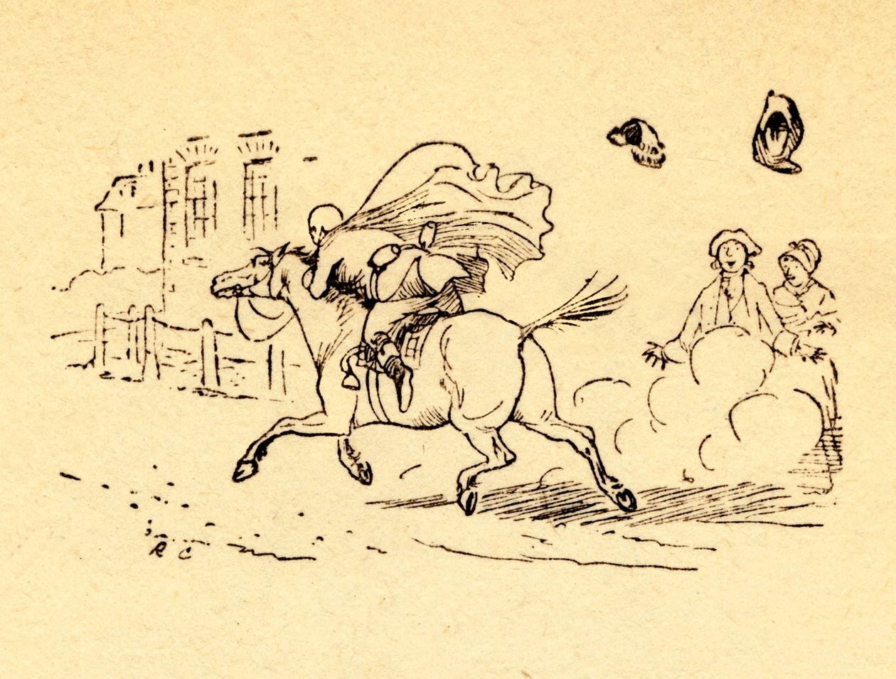 Het paard van John Gilpin slaat op hol, en zijn hoed en pruik waaien af door Randolph Caldecott