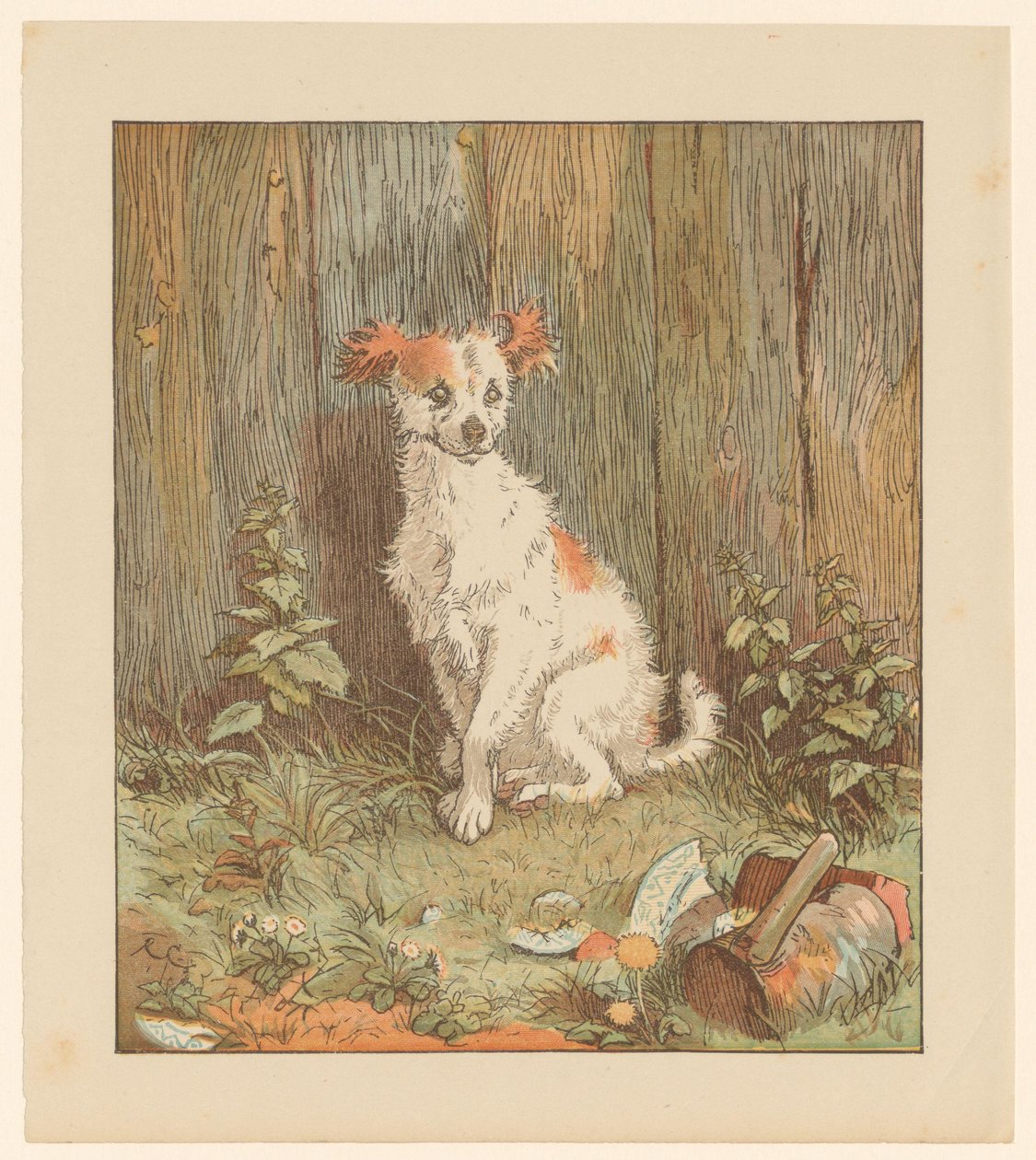 Kleine hond zittend bij een schutting door Randolph Caldecott