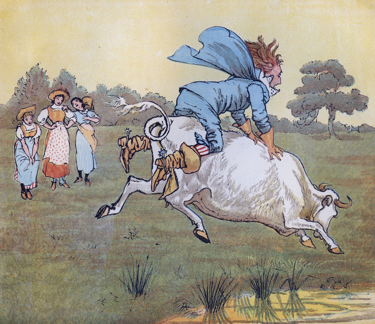 Niemand vroeg het u, meneer, zei ze. Illustratie door Randolph Caldecott voor het kinderrijmpje De melkmeid door Randolph Caldecott
