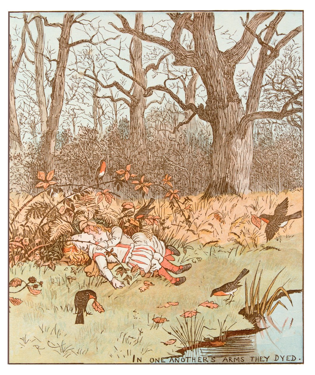 Scène uit De Kinderen in het Bos door Randolph Caldecott