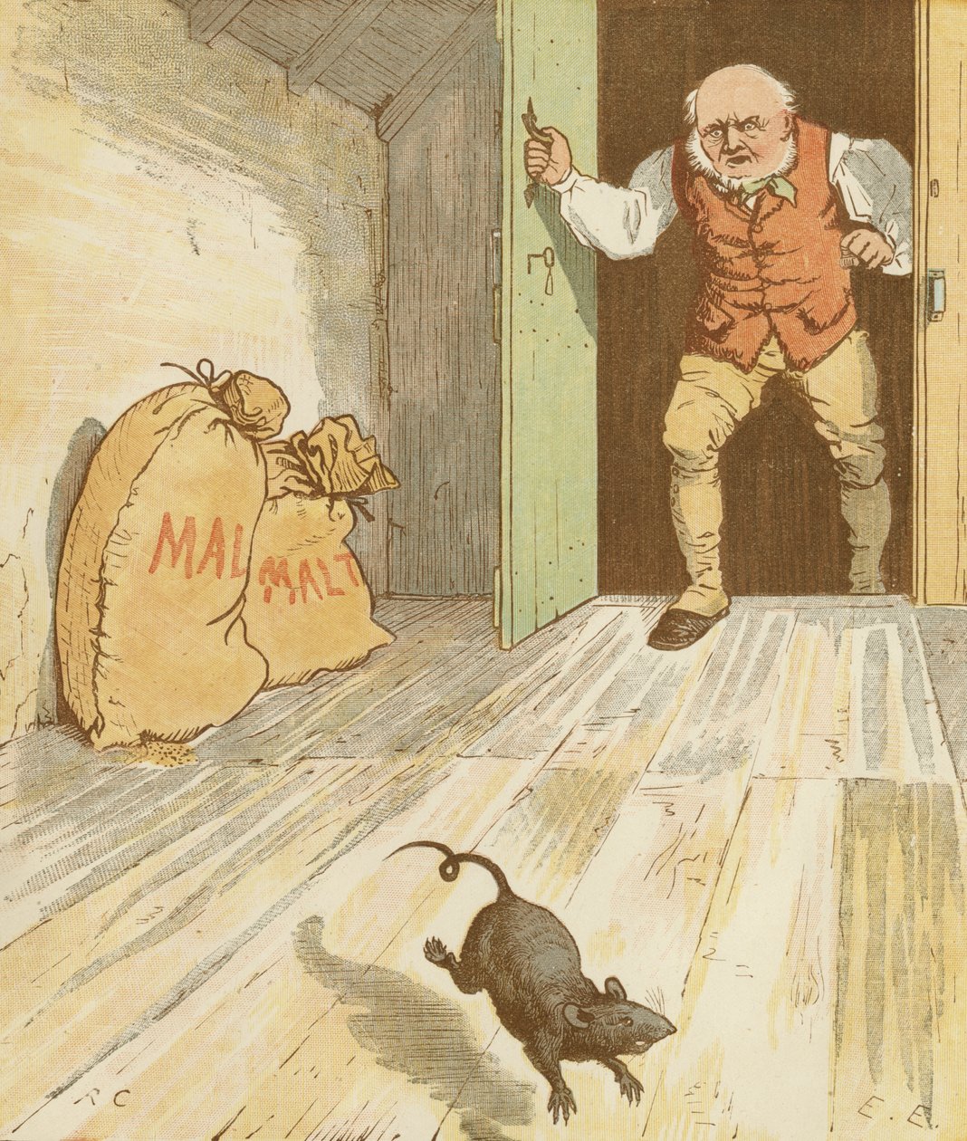 Het huis dat Jack bouwde, cumulatieve kinderrijm. De rat die het mout at. Illustratie door Randolph Caldecott. door Randolph Caldecott