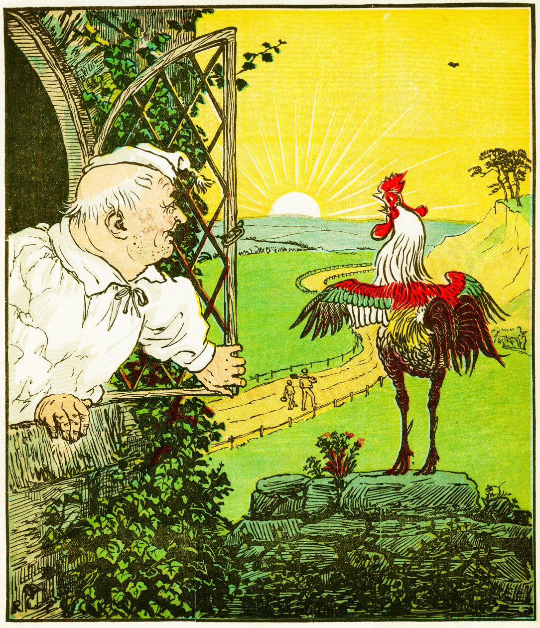 "Dit is de haan die kraaide in de ochtend, die de rechter wakker maakte, geheel geschoren", illustratie uit Het huis dat Jack bouwde door Randolph Caldecott