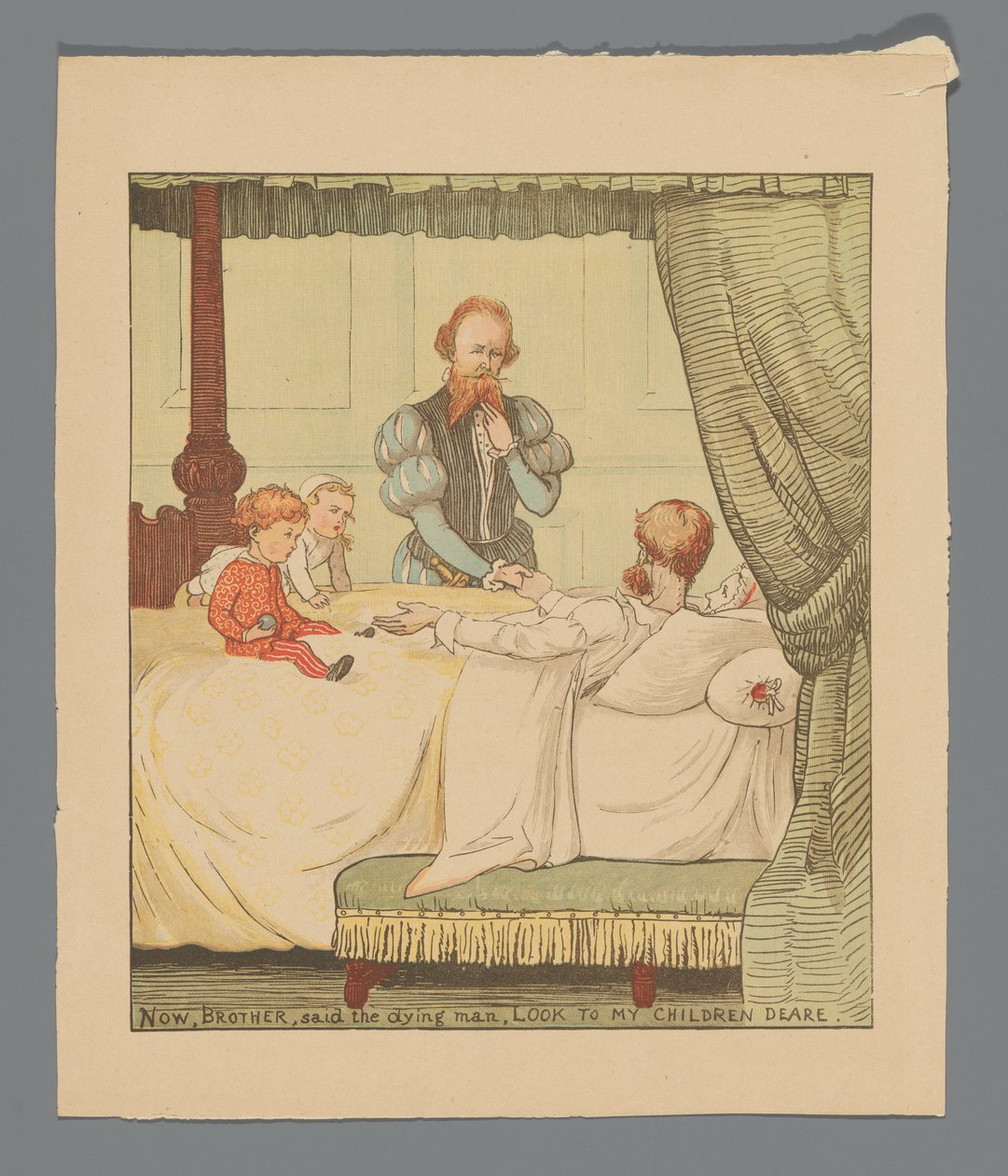 Zwei Kinder und ein Mann an einem Krankenbett door Randolph Caldecott