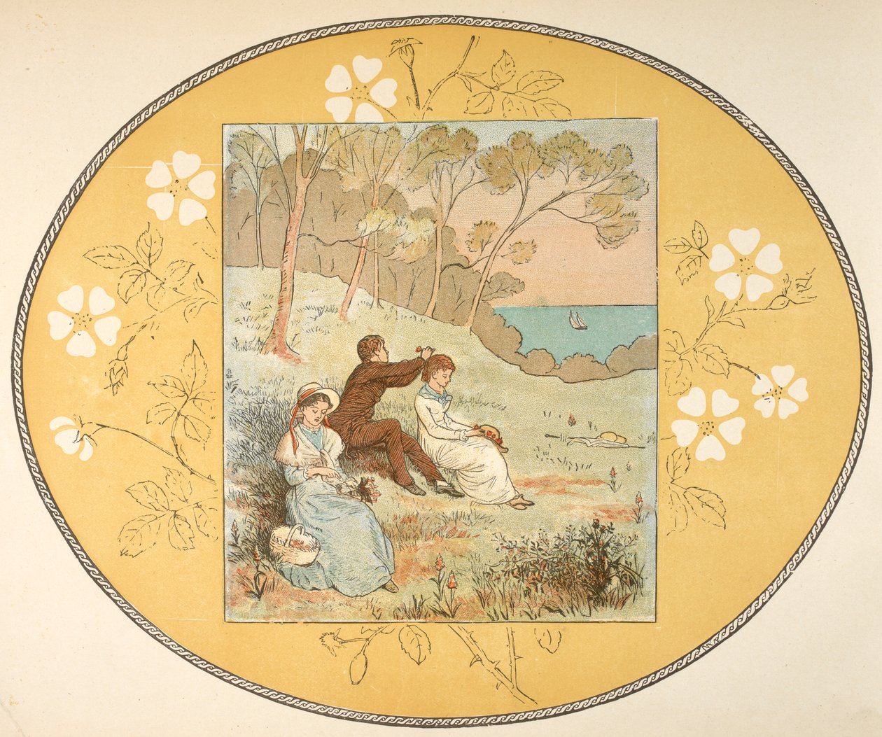 Twee vrouwen en een man zittend in een open plek bij de kust. Bloemenrand door Randolph Caldecott