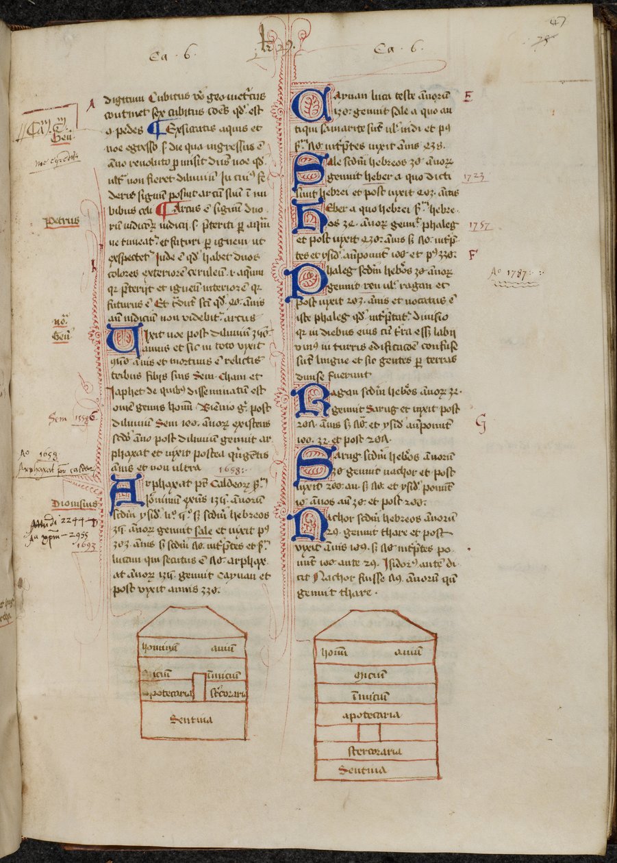Inkttekeningen van de Ark van Noach en versierde initialen met penversieringen in boek 2., midden 15e eeuw door Ranulf Higden