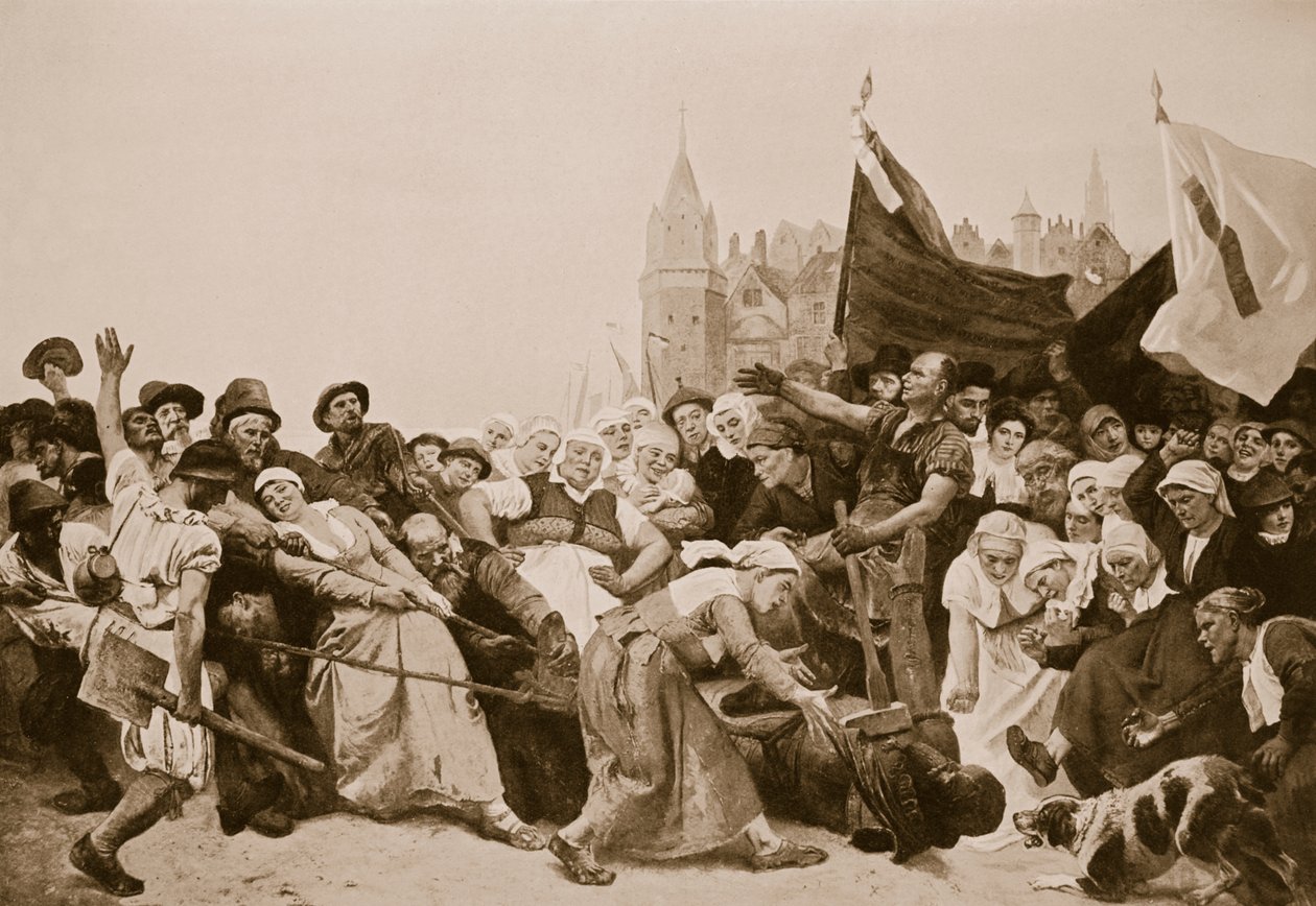 Standbeeld van Alva door de straten van Antwerpen gesleept door Raoul Charles Verlet