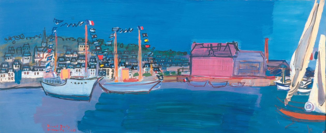 Boten zee kleine vlaggen huizen kleine haven dok zeilen door Raoul Dufy