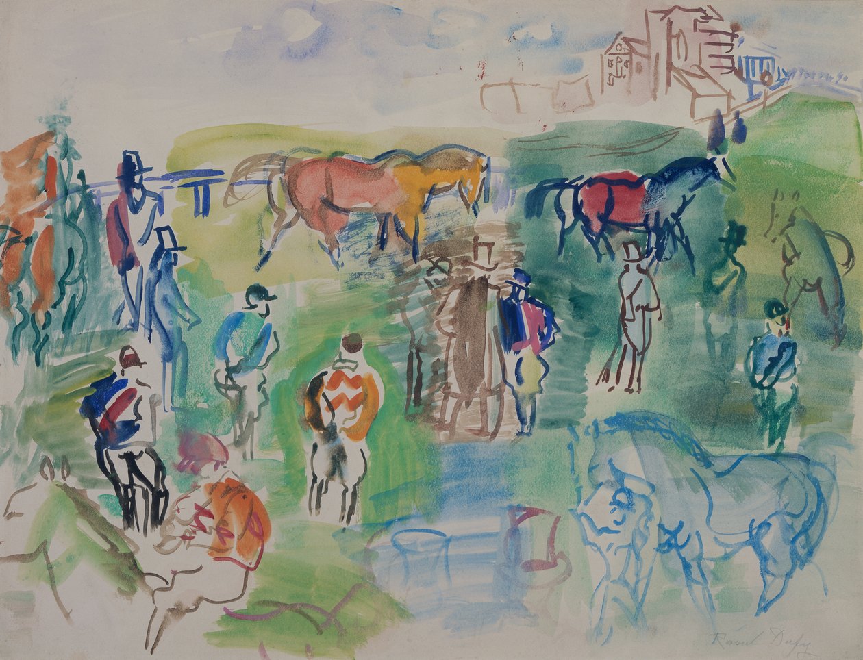 Paarden en jockeys bij Epsom (gouache op papier) door Raoul Dufy