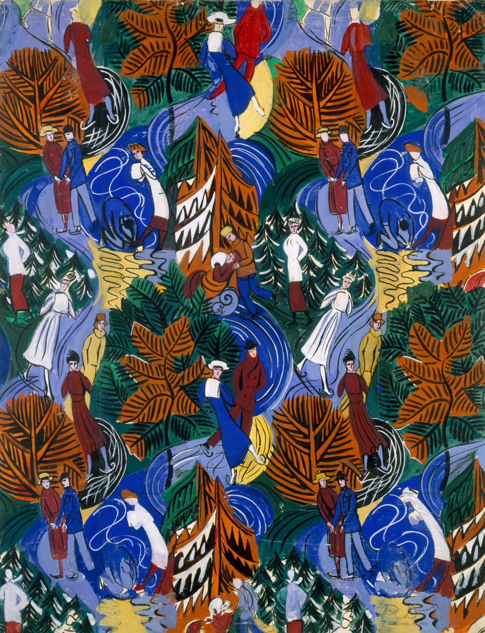 Schaatsers, ontwerp voor bedrukte zijde, ca. 1914-20 (kleurenlitho) door Raoul Dufy