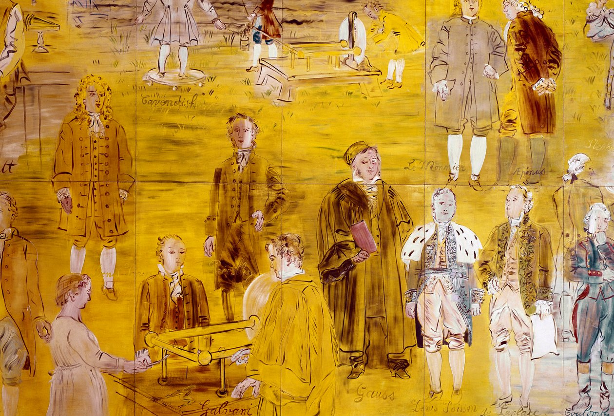 La Fee Electricite, detail: Portretten van verschillende wetenschappers: Henry Cavendish, Le Monnier, Franz Aepinus, Denis Papin, Joseph Priestley, Luigi Galvani, Carl Friedrich Gauss, Simeon-Denis Poisson, Pierre Simon de Laplace en Charles de Coulomb. 19 door Raoul Dufy