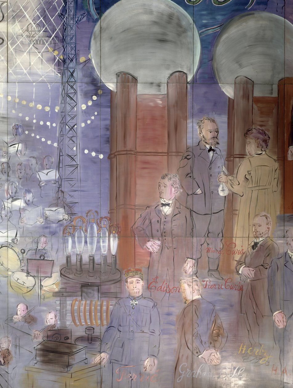 La Fee Electricite, detail van de linkerkant waarop wetenschappers staan afgebeeld door Raoul Dufy