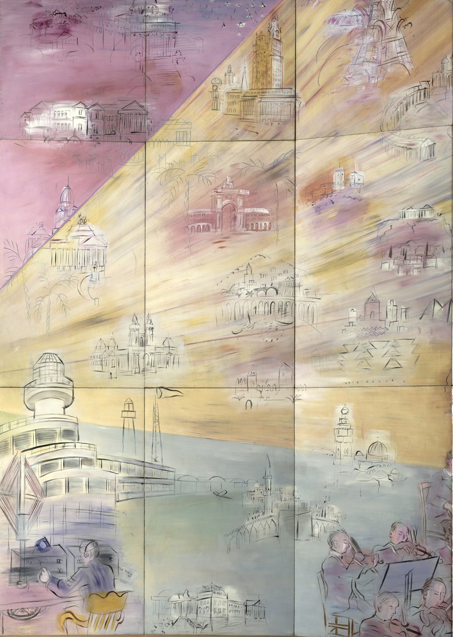 La Fee Electricite, detail van de linkerkant waarop verschillende steden staan afgebeeld door Raoul Dufy