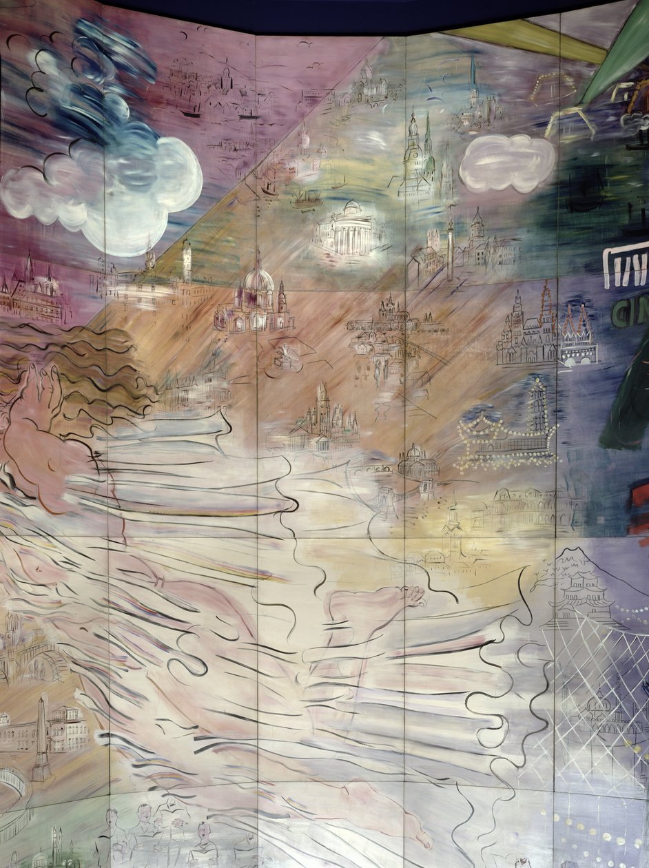 La Fee Electricite, detail van de linkerkant waarop verschillende steden staan afgebeeld door Raoul Dufy
