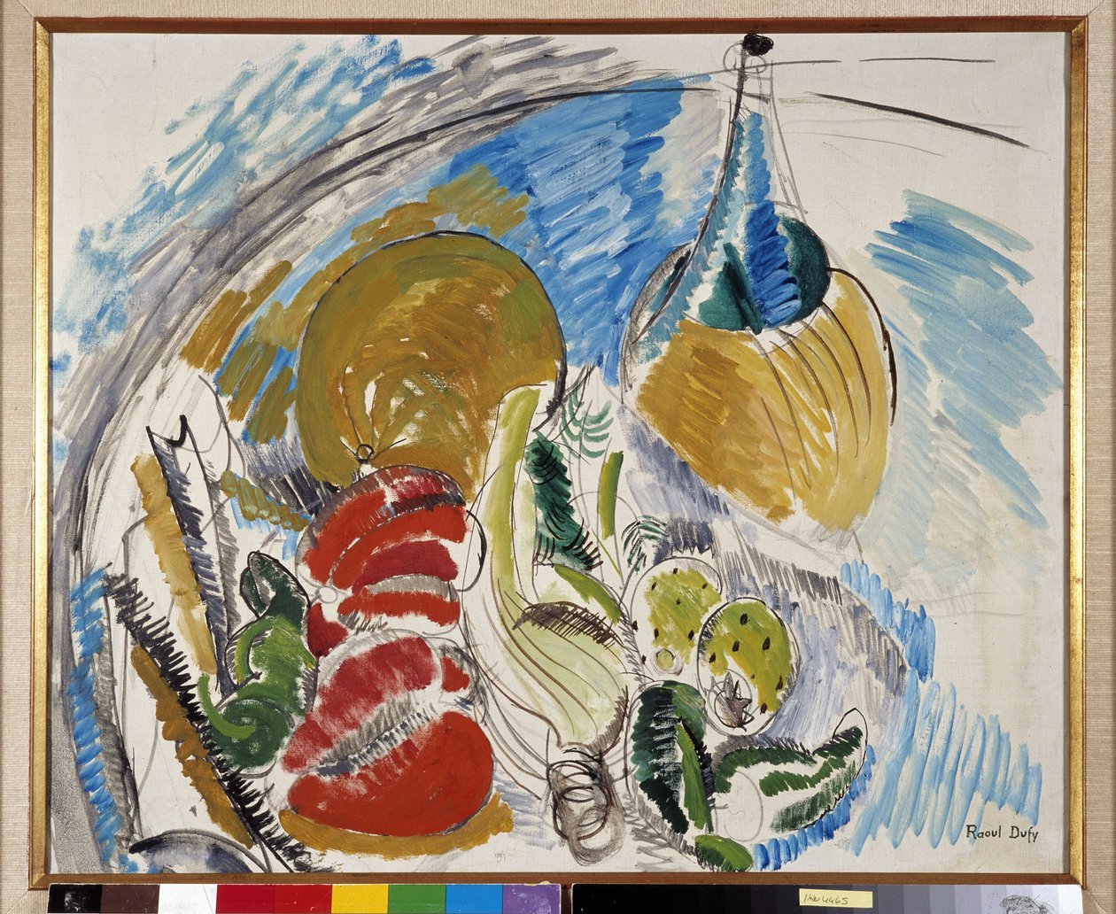 Stilleven van fruit, groenten en een fles wijn op een tafel door Raoul Dufy