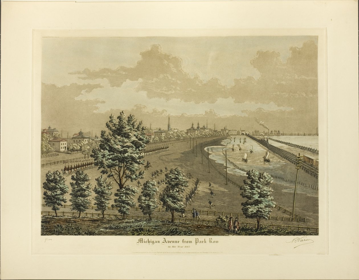 Michigan Avenue vanaf Park Row in het jaar 1865 door Raoul Varin