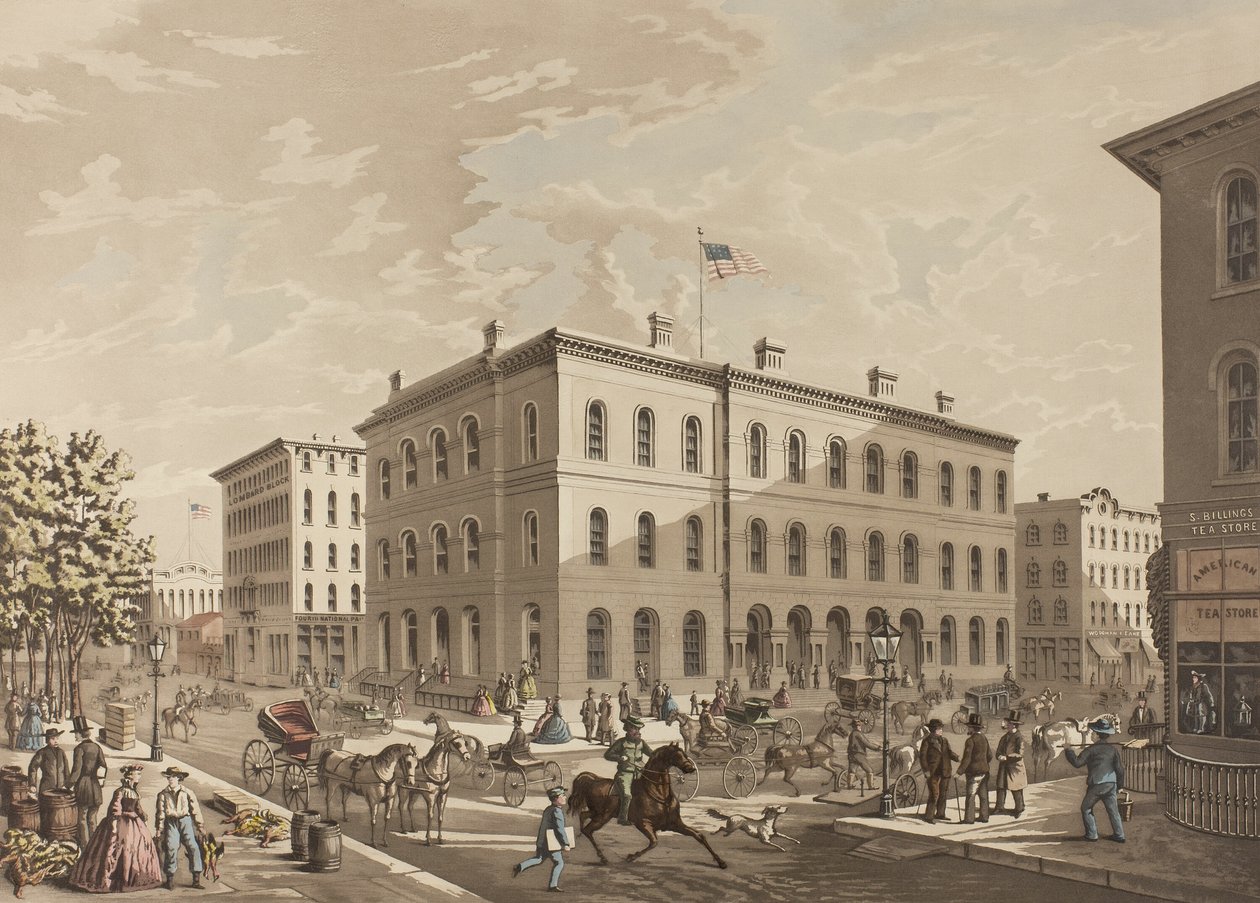 N.W. Hoek van Dearborn en Monroe Straten, Chicago, met het Postkantoorgebouw in het Jaar 1865 door Raoul Varin